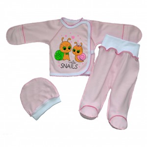 Комплект для новорожденных демисезонный розовый (распашонка,ползуны на евро-резинке,шапочка) "Улитки"