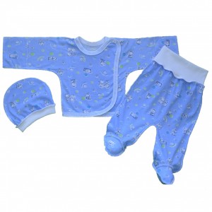 Комплект ясельный (распашонка ,ползуны на евро-резинке, шапочка) голубой с рисунком "Малыши"