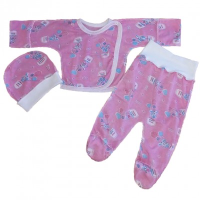 Комплект для новорожденных тонкий (распашонка,ползуны на евро-резинке,шапочка) розовый "Зайчик в воздушными шарами"