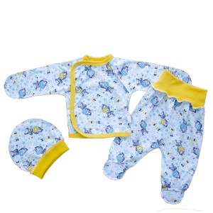 Комплект для новонароджених тонкий (льоля з закритим ручками, повзуни на євро-резинці, шапочка) жовтий"Зебри"